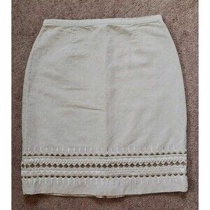 Talbots Skirt Irish Linen Blend Beige Geometric Embroidered Design Women Sz 10